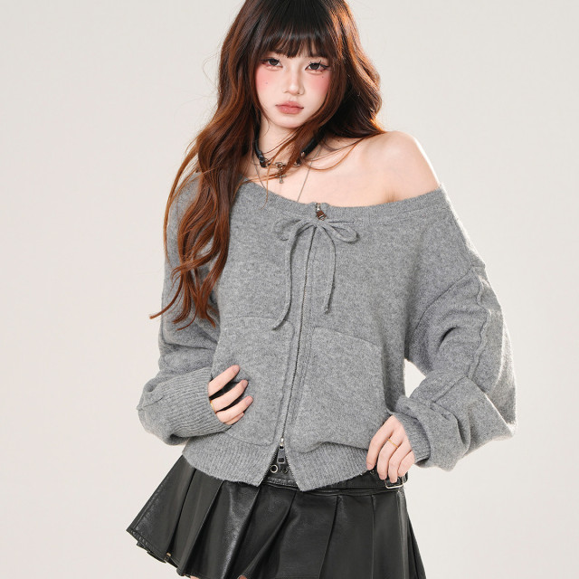 佩裡斯香肩 韓系露肩針織開衫毛衣外套女秋冬寬松上衣