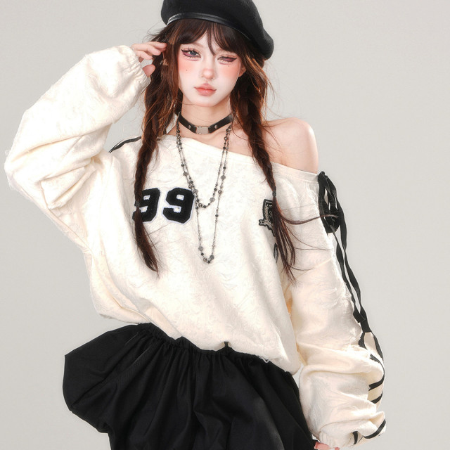 梨花先雪 美式斜肩收腰連衣裙秋冬寬松拼接衛衣裙短裙