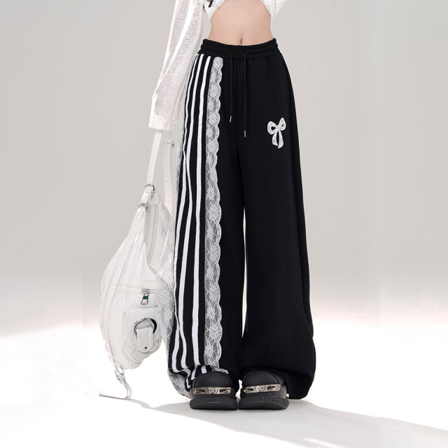 運動芭蕾 松弛感蕾絲黑色休閑褲女夏闊腿褲直筒條紋褲