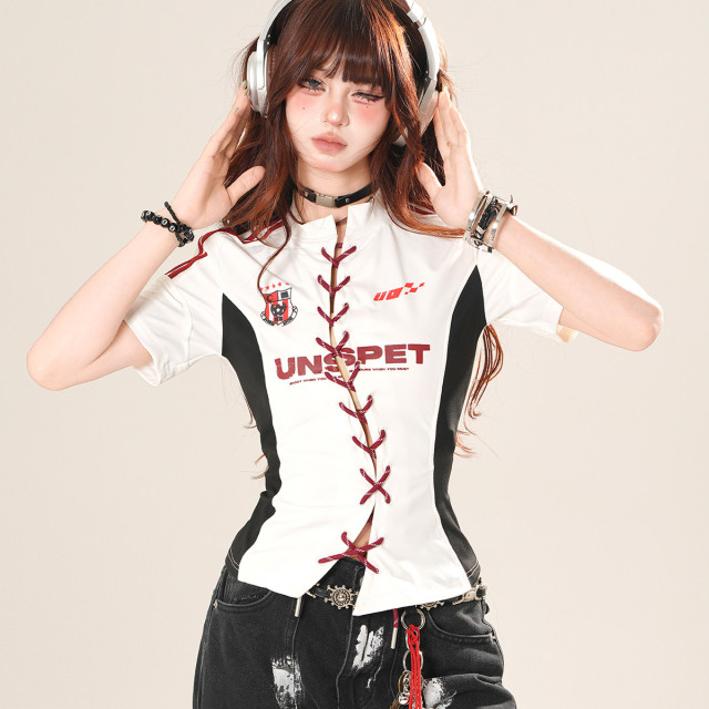 反叛基因  正肩美式辣妹短袖T恤女夏收腰顯瘦短款上衣