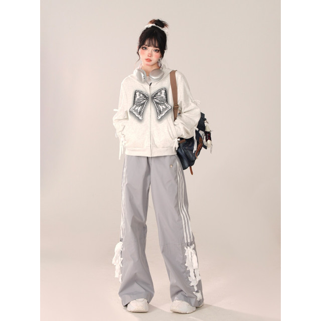 心動蕾絲 灰色百搭設計感學院風休閑直筒拖地運動長褲