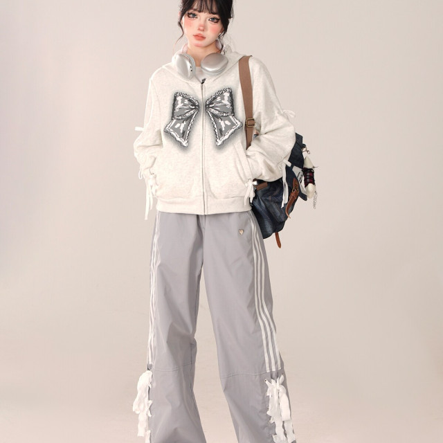 心動蕾絲 灰色百搭設計感學院風休閑直筒拖地運動長褲