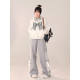 心動蕾絲 灰色百搭設計感學院風休閑直筒拖地運動長褲