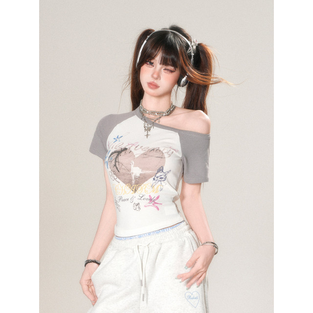 蜜嶼漫語 正肩短袖辣妹T恤女夏收腰顯瘦短款設計感上衣