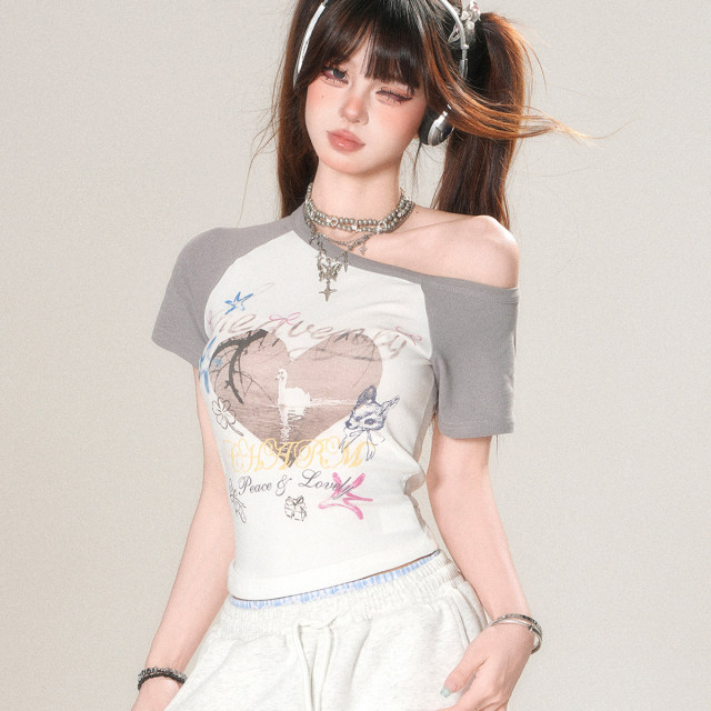 蜜嶼漫語 正肩短袖辣妹T恤女夏收腰顯瘦短款設計感上衣