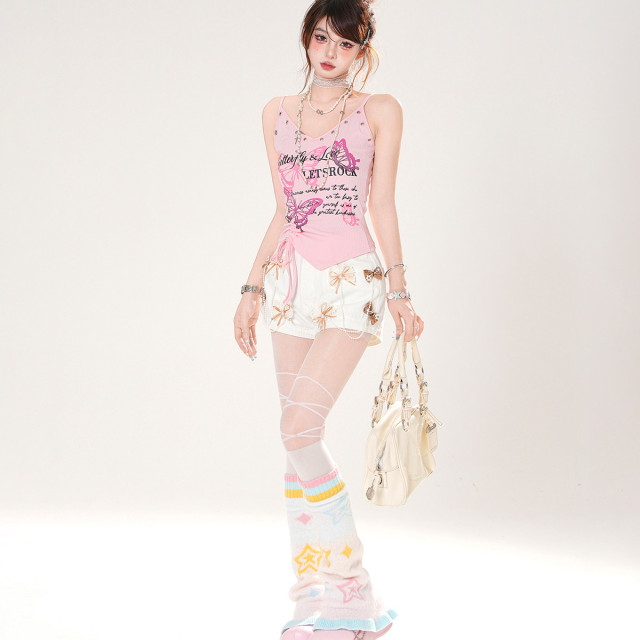 蝴蝶訊號 不規則辣妹抽繩吊帶背心女夏季無袖顯瘦上衣