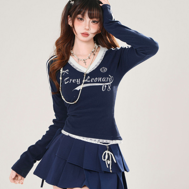 昭和千奈 美式長袖V領蕾絲T恤女秋季收腰顯瘦針織上衣