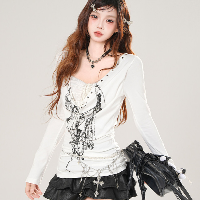 亞感模范生 韓系長袖V領蕾絲辣妹T恤女秋收腰顯瘦上衣