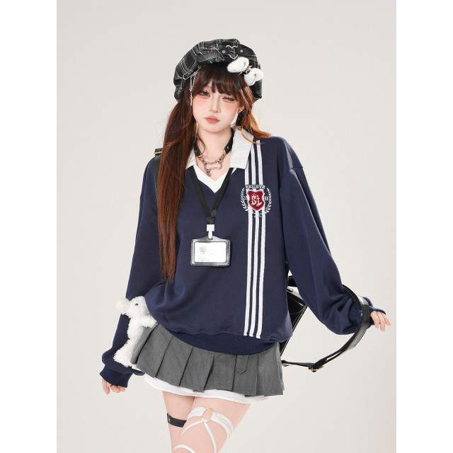 韓女范本 美式學院風衛衣女秋寬松顯瘦polo領運動上衣