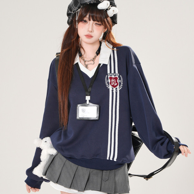 韓女范本 美式學院風衛衣女秋寬松顯瘦polo領運動上衣