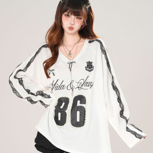 藤井小野 美式潮牌V領蕾絲衛衣女秋季寬松顯瘦運動上衣