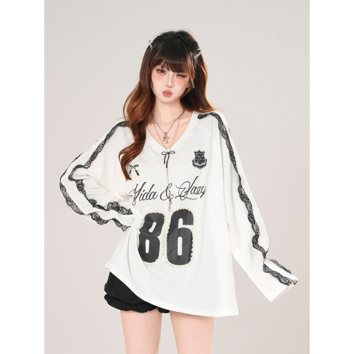 藤井小野 美式潮牌V領蕾絲衛衣女秋季寬松顯瘦運動上衣