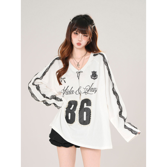 藤井小野 美式潮牌V領蕾絲衛衣女秋季寬松顯瘦運動上衣