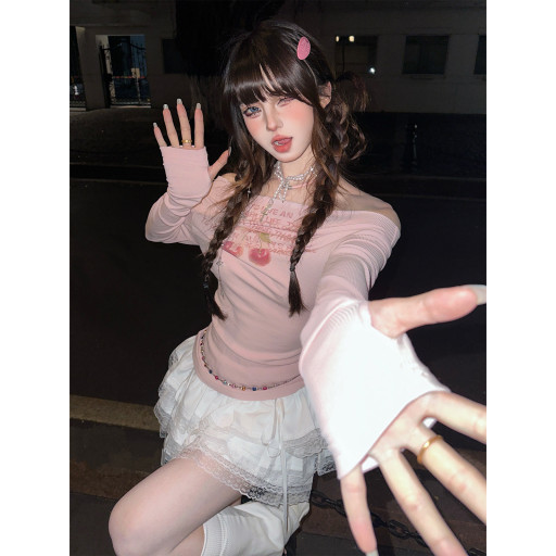 春日調色盤 一字肩長袖收腰辣妹T恤春夏修身顯瘦上衣