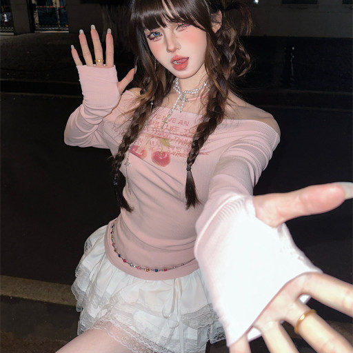 春日調色盤 一字肩長袖收腰辣妹T恤春夏修身顯瘦上衣