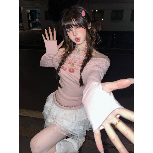 春日調色盤 一字肩長袖收腰辣妹T恤春夏修身顯瘦上衣