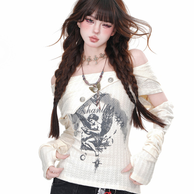 昭和夜 酷颯拽姐斜肩針織T恤女夏季長袖顯瘦辣妹上衣