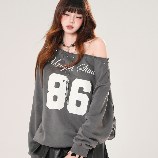 塞納日落 美式潮牌斜肩衛衣女秋寬松顯瘦黑色運動上衣