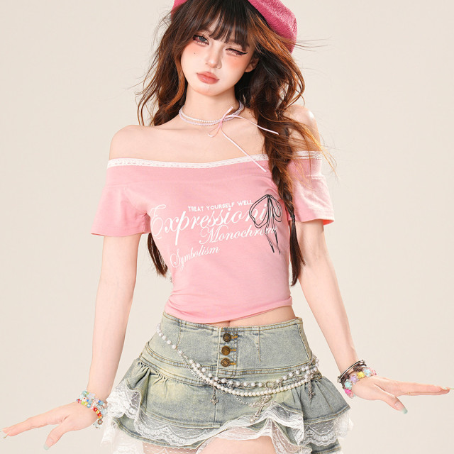 東京氛圍 一字肩辣妹蕾絲短袖T恤女夏修身顯瘦短款上衣