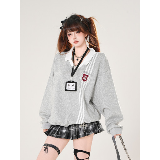 韓女范本 美式學院風衛衣女秋寬松顯瘦polo領運動上衣