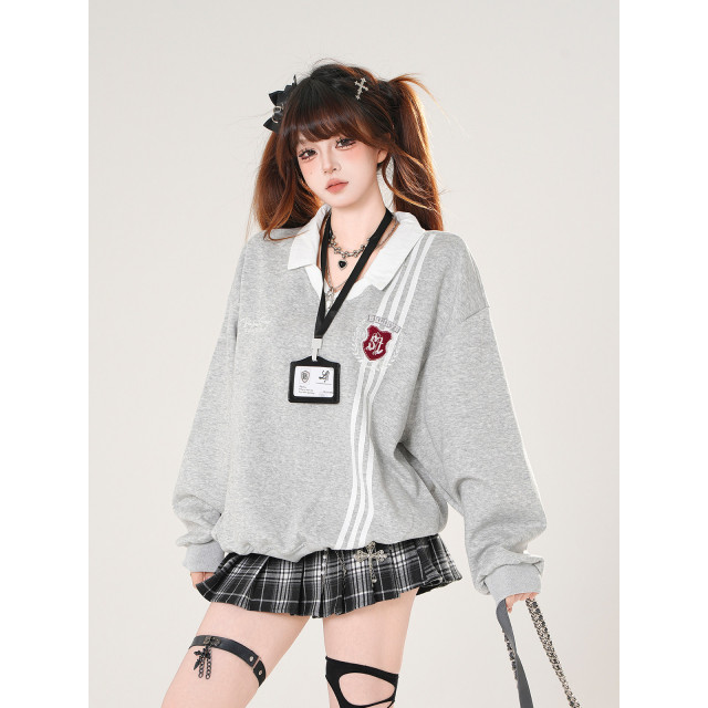 韓女范本 美式學院風衛衣女秋寬松顯瘦polo領運動上衣