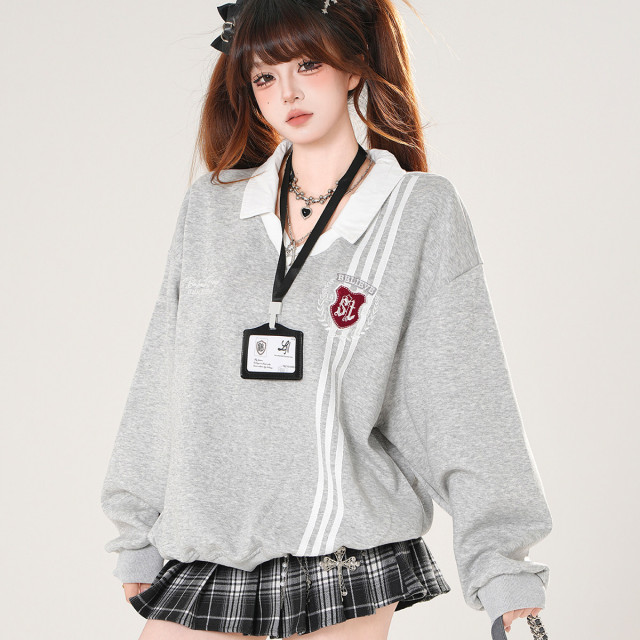 韓女范本 美式學院風衛衣女秋寬松顯瘦polo領運動上衣