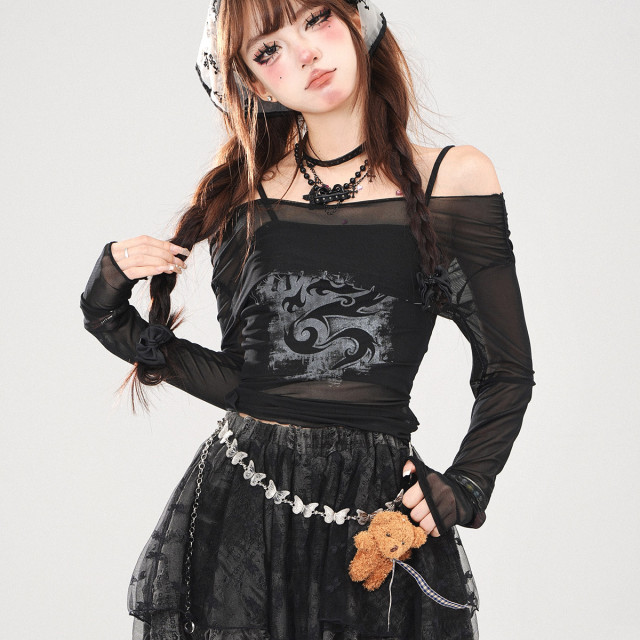 叛逆戀人 黑色冰絲輕薄罩衫女夏一字肩上衣防曬兩件套