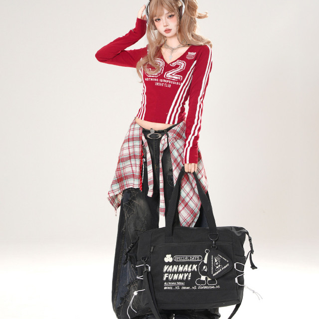 辣妹領域 美式正肩長袖T恤女秋季收腰顯瘦V領紅色上衣