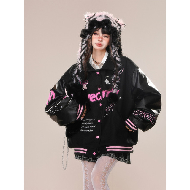 黑莓奶霜美式刺繡棒球服外套女秋冬寬松韓系夾克上衣