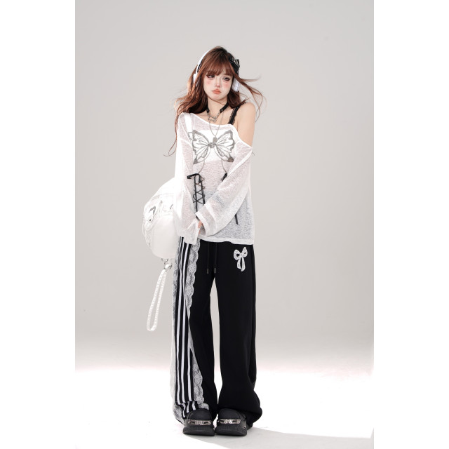 運動芭蕾 松弛感蕾絲黑色休閑褲女夏闊腿褲直筒條紋褲