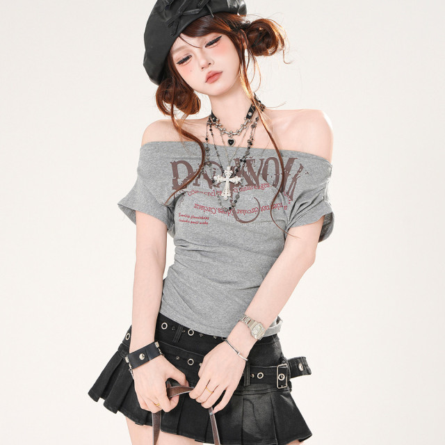 街機玩傢 一字肩美式辣妹短袖T恤女夏季收腰顯瘦上衣