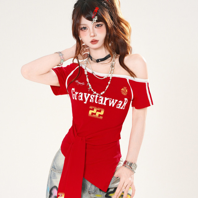 藍嶼日志 正肩美式斜肩短袖T恤女夏季收腰顯瘦辣妹上衣