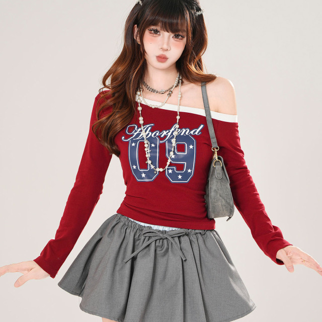 巴斯期刊 美式長袖斜肩辣妹T恤女秋季收腰顯瘦白色上衣