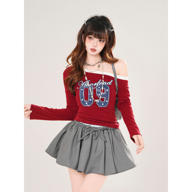 巴斯期刊 美式長袖斜肩辣妹T恤女秋季收腰顯瘦白色上衣