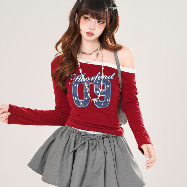 巴斯期刊 美式長袖斜肩辣妹T恤女秋季收腰顯瘦白色上衣