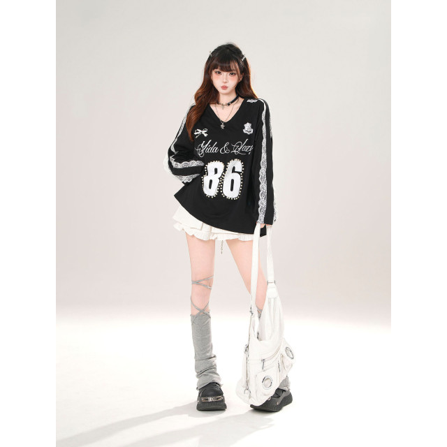 藤井小野 美式潮牌V領蕾絲衛衣女秋季寬松顯瘦運動上衣