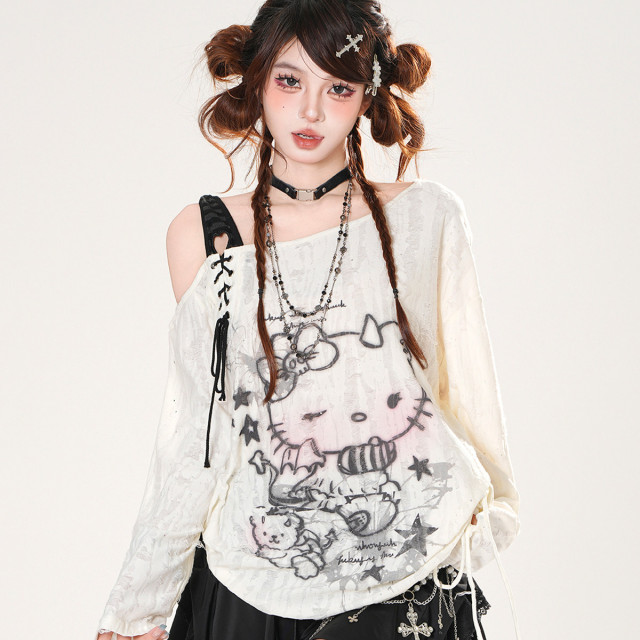  Kitty收藏傢 韓系斜肩抽繩防曬罩衫女夏寬松顯瘦上衣