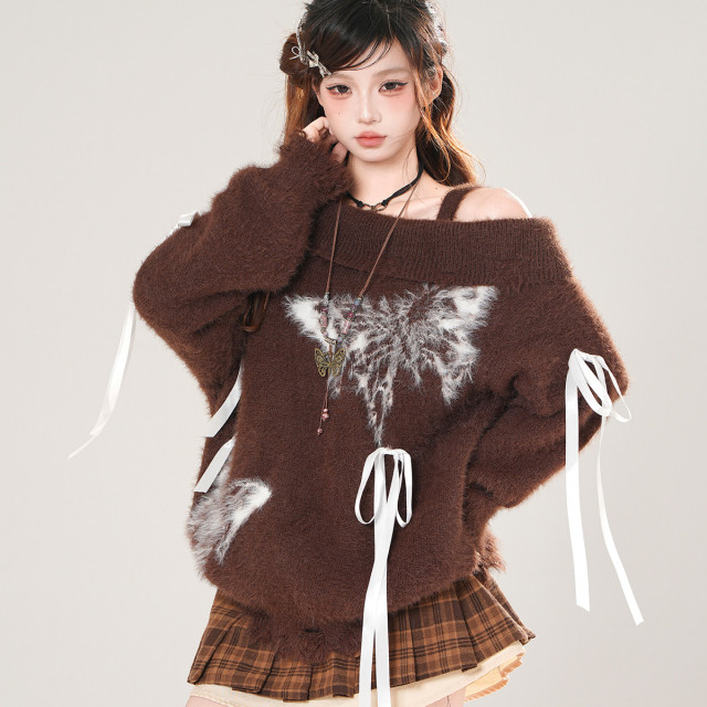 蝴蝶浮夢 一字肩韓系毛衣女秋外穿寬松顯瘦水貂絨上衣