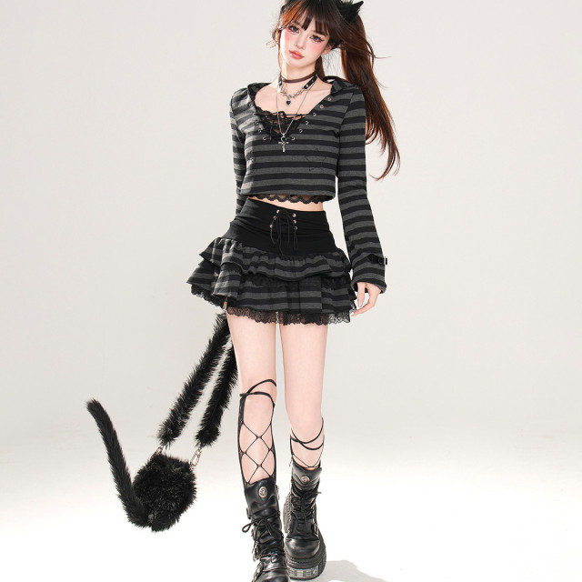 潮酷辣妹 美式復古條紋套裝女夏長袖連帽上衣蕾絲短裙