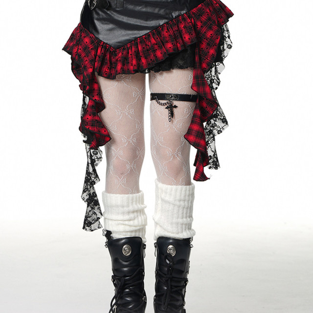 第九街區 不規則荷葉邊半身裙女秋冬格紋皮裙拼接短裙