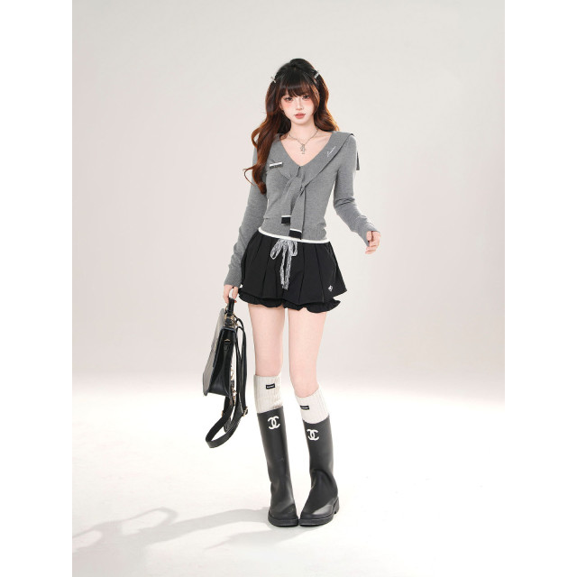 千禧夢核 美式長袖針織T恤女秋收腰顯瘦海軍領灰色上衣