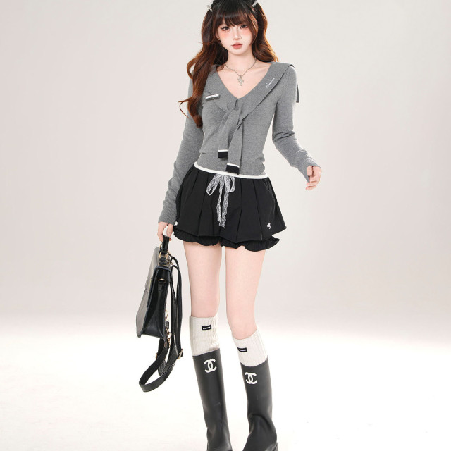 千禧夢核 美式長袖針織T恤女秋收腰顯瘦海軍領灰色上衣