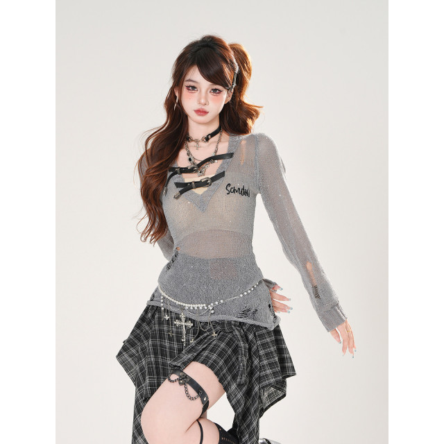 純欲密碼 絕美薄款網紗鏤空防曬罩衫女夏收腰顯瘦上衣