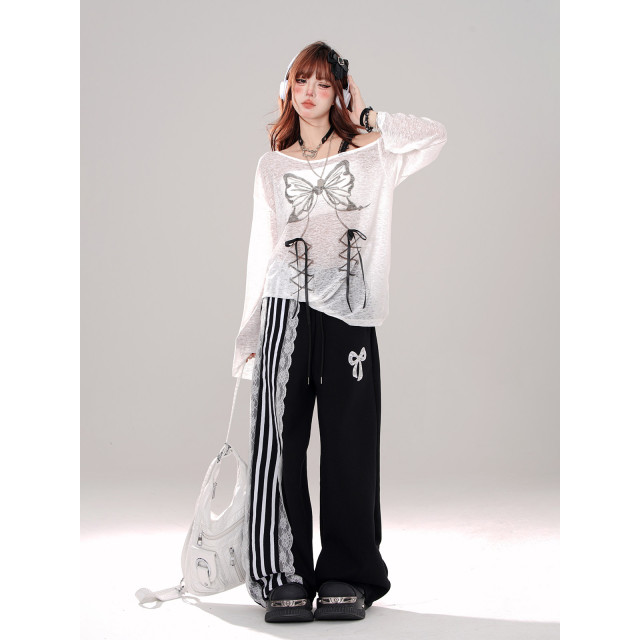 運動芭蕾 松弛感蕾絲黑色休閑褲女夏闊腿褲直筒條紋褲