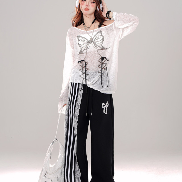 運動芭蕾 松弛感蕾絲黑色休閑褲女夏闊腿褲直筒條紋褲