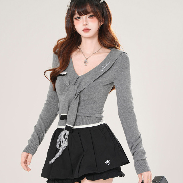 千禧夢核 美式長袖針織T恤女秋收腰顯瘦海軍領灰色上衣