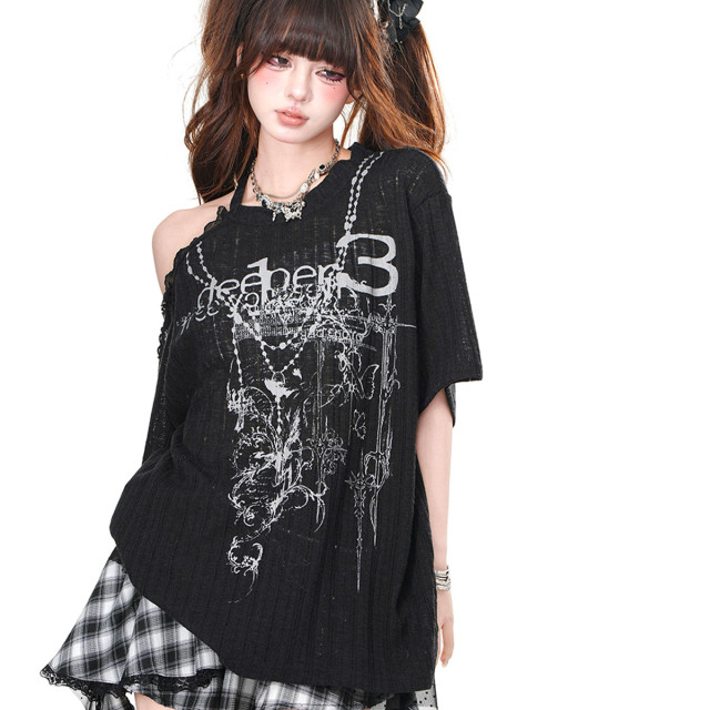 漫步慕尼黑 短袖甜酷蕾絲露肩T恤女夏季寬松顯瘦上衣