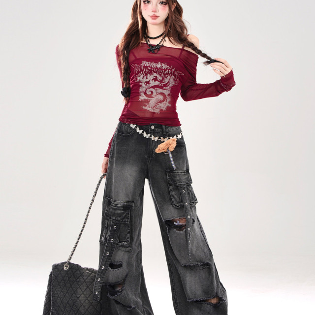 叛逆戀人 黑色冰絲輕薄罩衫女夏一字肩上衣防曬兩件套