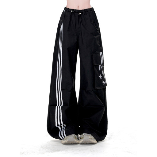 暗夜契約 酷颯風運動工裝褲女春夏寬松顯瘦直筒闊腿褲