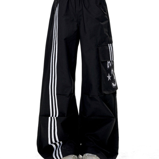 暗夜契約 酷颯風運動工裝褲女春夏寬松顯瘦直筒闊腿褲